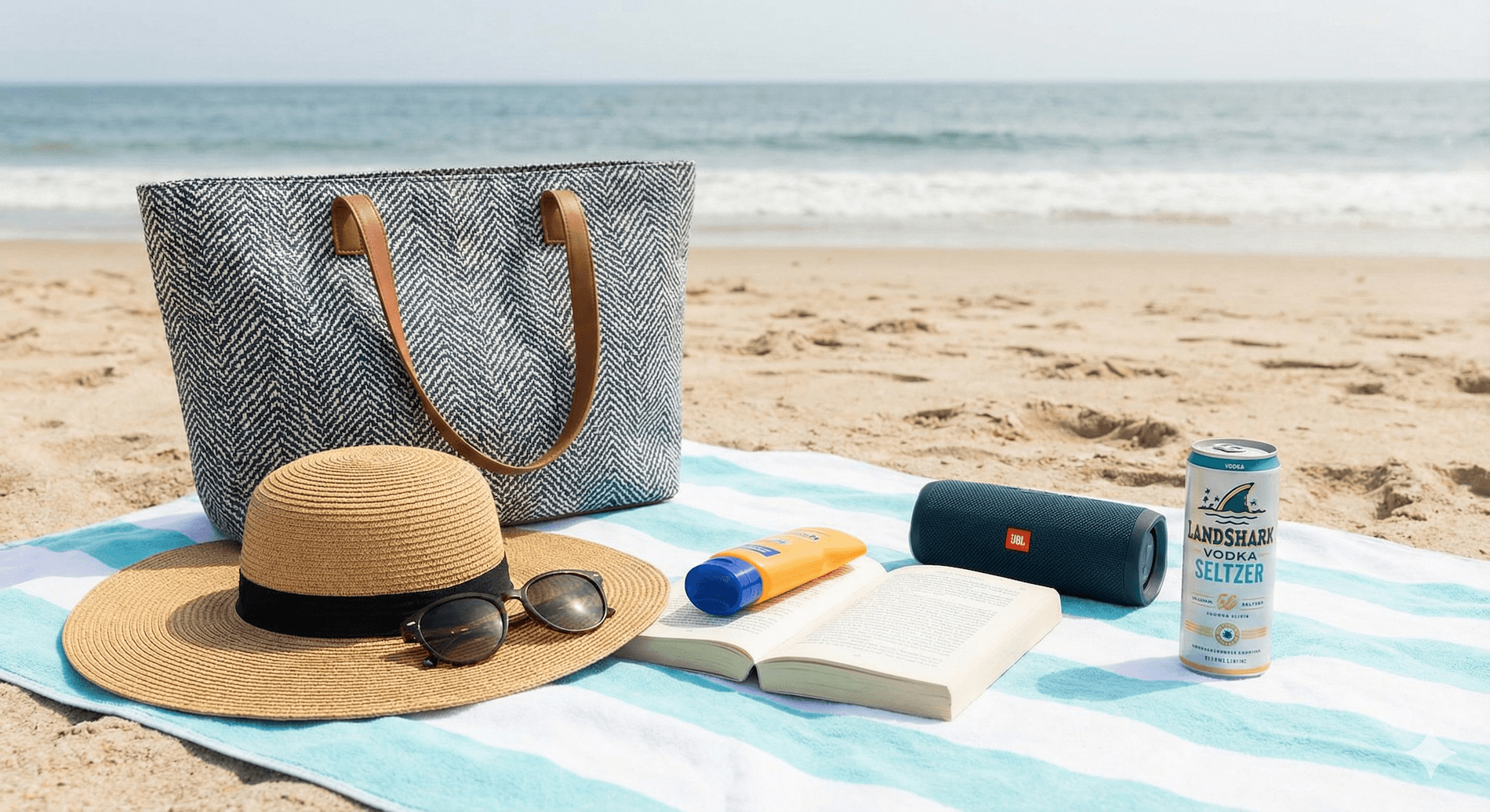 Canned cocktail and beach essentials arranged on a sandy beach
