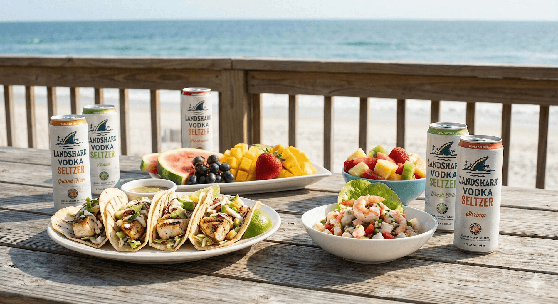 Coastal food spread with canned cocktails on a table overlooking the water